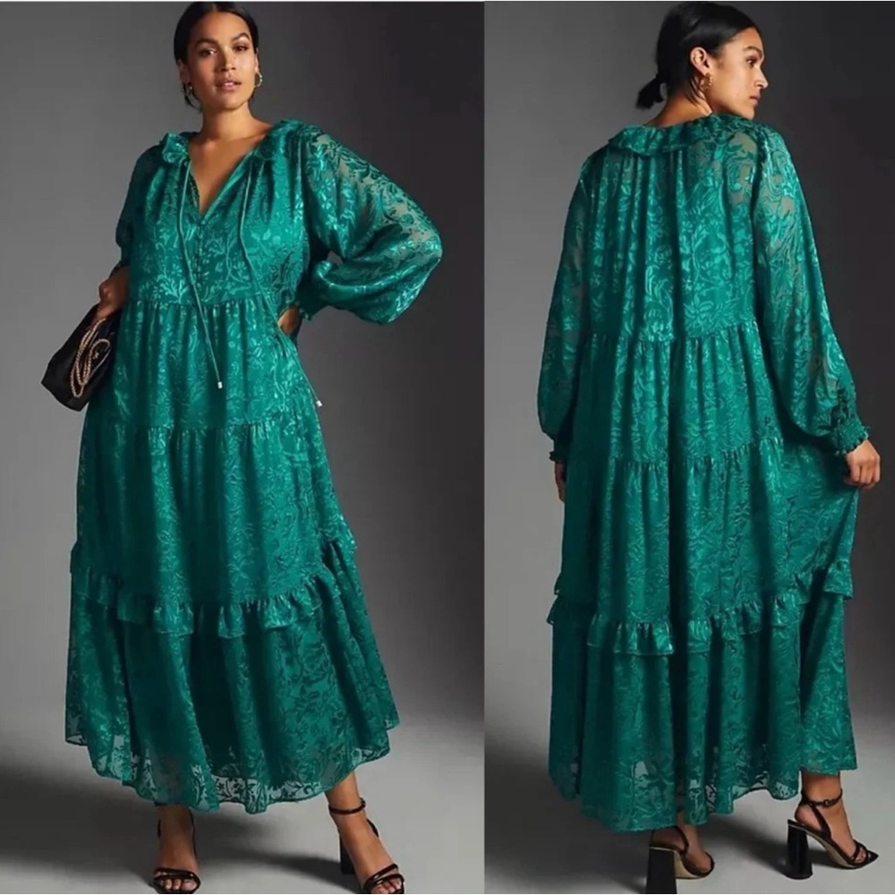 Anthropologie Green Long Sleeve Lace Dress